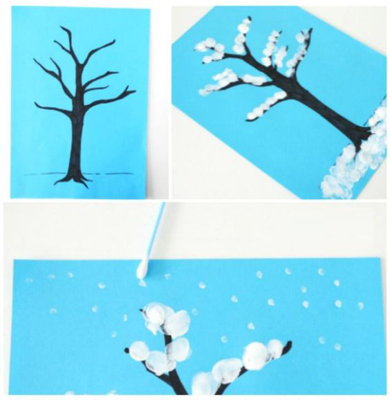 خلاقیت - درخت برفی با اثر انگشت و رنگ